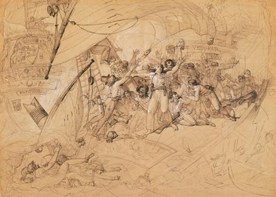 1794年6月1日、ウェサンの戦いで沈没した「ル・ベンガル・デュ・ピュープル」（紙上グラファイト） 作： Louis Lafitte
